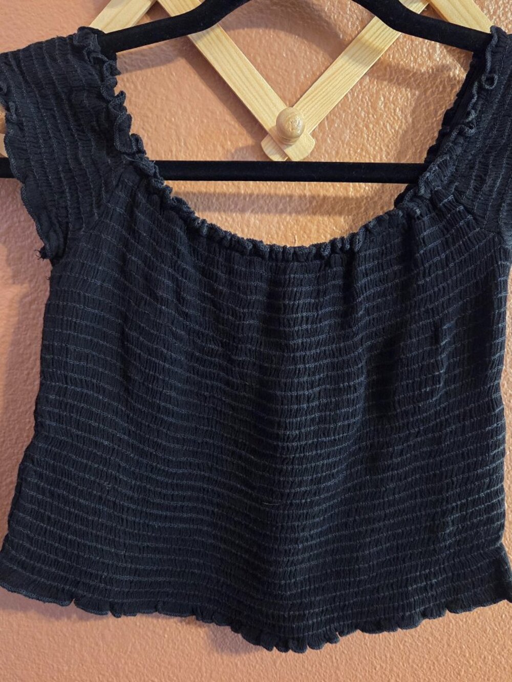 Black Smocked Tank Top Textured Sleeveless Scalloped Hem Boho Cottagecore